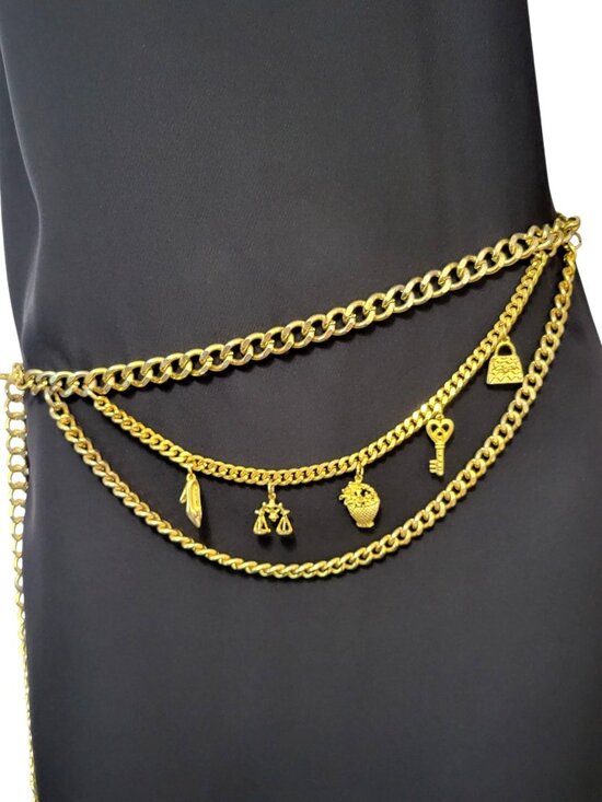 Vintage Layered Chain Link Charm Belt Gold Tone Maximalist Boho main image 5